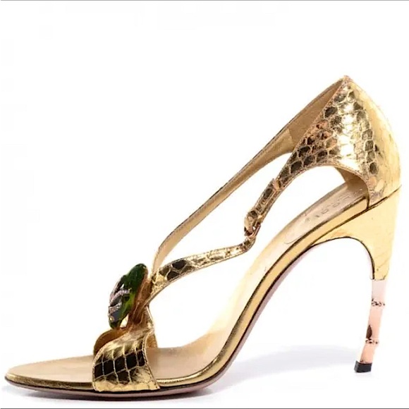 GUCCI x TOM FORD VINTAGE GOLD EMERALD enamel SNAKE HEAD SANDALS. - Picture 5 of 12